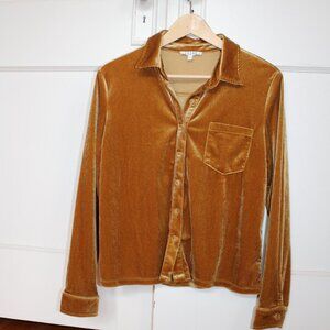 Leche Gold Velvet Collared Dress Shirt Button Up Pleated Back Size S
